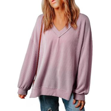 Imagem de Camisa de manga comprida EVALESS com decote em V Basic Solid Light Pur