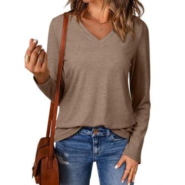 Imagem de Camisa EVALESS de manga comprida com decote em V, outono de 2024, femi