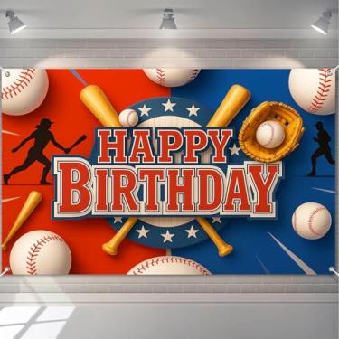 Imagem de HOMETITUTE Banner de feliz aniversário com tema de beisebol com tacos de beisebol, luvas e capacete em fundo vermelho e azul, faixa de aniversário para meninos e homens, festival interno e externo 180