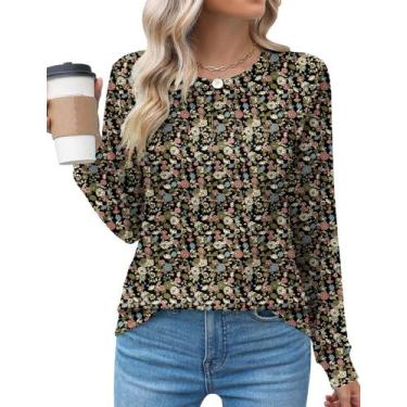 Imagem de Camisas de manga comprida, casuais, plissadas, gola redonda, femininas