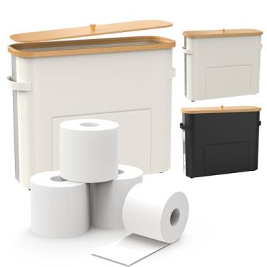 Imagem de Thalomely Cesta de armazenamento de papel higiênico, cesta de papel higiênico impermeável com tampa e alça de bambu, organizador de armazenamento dobrável com base para os pés para banheiro, suporte