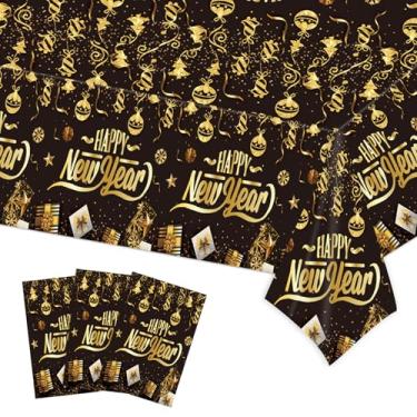 Imagem de EVYIENEN 3 toalhas de mesa de feliz ano novo, preto e dourado, capa de mesa descartável de plástico à prova d'água para artigos de mesa de ano novo de 2026