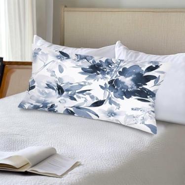 Imagem de Capas de almofada lombar floral azul e branco 50,8 x 101,4 cm, azul marinho, aquarela, para cama, fronha tamanho king size com fecho de envelope, capa de almofada floral decorativa boho para sofá