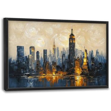 Imagem de Arte de parede grande de Nova York para sala de estar, horizonte da cidade de Nova York, edifícios, decoração moderna abstrata em tela, pintura em tela, decoração de parede, arte emoldurada para