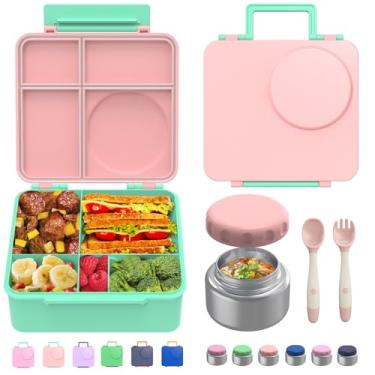 Imagem de joyYum Bento Box para crianças, lancheira para adultos com utensílios, pote de sopa térmica de aço inoxidável, recipientes reutilizáveis para lanche para escola, trabalho, viagens, sem BPA, fácil de