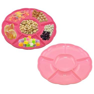 Imagem de CAOXIAOXUYAO Bandejas redondas de plástico de 30,5 cm com 2 unidades, 6 pratos secionais para servir pratos de alimentos para doces, nozes, vegetais, frutas, ação de graças (2, rosa, vermelho rosa)