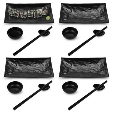 Imagem de Conjunto de pratos de sushi com 16 peças, 4 pratos, 4 tigelas de molho de soja, 4 pares de pauzinhos e suportes, kit completo de jantar de sushi para 4