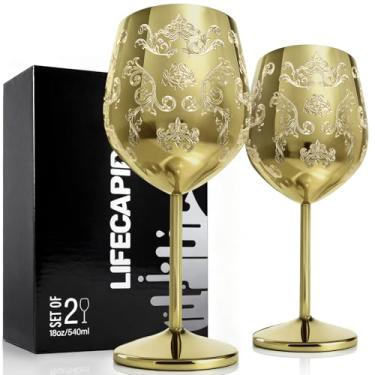 Imagem de Lifecapido Conjunto de 2 taças de vinho de aço inoxidável, taças de vinho douradas gravadas de 510 g, taças de vinho exclusivas com gravuras barrocas complexas para festa de casamento e aniversário