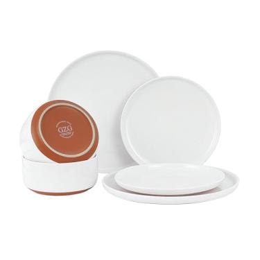 Imagem de GZG Série de arte moderna - 6 peças de pratos e tigelas de grés salpicado, conjunto de louça de cerâmica com terracota rústica na parte inferior, para micro-ondas e lava-louças, conjunto de pratos