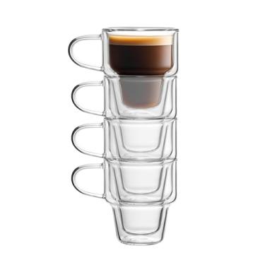 Imagem de NIRA.Z Pacote com 4 canecas de café de vidro de parede dupla, copos de café com isolamento de 340 g com alça, copos de café de vidro térmico empilháveis, ideais para bebidas quentes e frias, suco