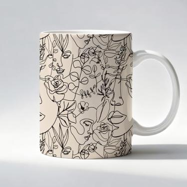 Imagem de LADOCK Caneca Boho abstrata, moderna abstrata floral botânica feminina caneca de café de cerâmica, preto e bege feminino linha de rosto arte café xícaras de chá 325 ml