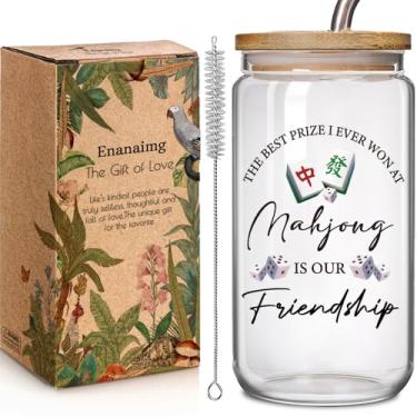 Imagem de Enanaimg Jogo de Mahjong engraçado 473 ml copo de vidro com tampa e canudo presente para irmã BFF mulheres mãe, presentes de Mah Jong para amantes de Mahjong xícara de café, festa de aniversário de