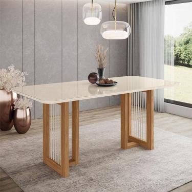 Imagem de Mesa De Jantar Yara Ambiente 180 Cm Canto Arredondado Com Vidro Nature Off White - Henn