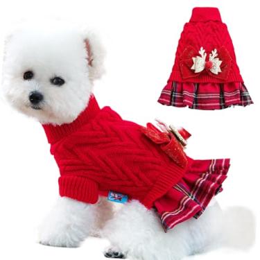 Imagem de JAAQUCD Suéter de outono para cães pequenos, meninas, suéter de malha com gola rolê e laço de chifre, roupa de inverno para filhotes, vestido de animal de estimação para Natal, feriado, dia dos
