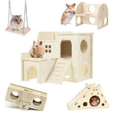 Imagem de DINTSTYLE Conjunto de 5 peças de brinquedos de hamster, casa de hamster, balanço, escada de escalada, gangorra e roda de exercício, conjunto de brinquedos esportivos DIY para animais de estimação
