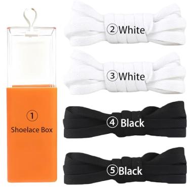 Imagem de sovida 4 pares de cadarços planos - 36 cores para cadarço de sapatos, tênis de corrida atlético, sapatos casuais, cordas para botas, 6 - branco x 2 + preto x 2 + caixa de cadarço, 140cm【55in】