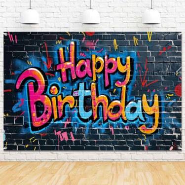 Imagem de LDWLYW Pano de fundo de grafite feliz aniversário colorido grafite decoração de festa de aniversário suprimentos grande pintura respingos parede banner fotografia fundo adereços de cabine de fotos 180
