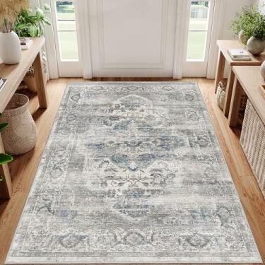 Imagem de xilixili Tapete lavável de 7,5 x 12,5 cm – Tapete antiderrapante ultrafino para entrada resistente a manchas para sala de estar, tapete vintage à prova d'água para quarto, cozinha, lavanderia (azul