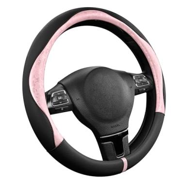 Imagem de PIC AUTO Capa de volante, estampa rosa e design de retalhos de couro preto, ajuste universal de 36,8 a 39,4 cm, antiderrapante, sem odor, couro sintético macio, acessório de carro durável para meninas