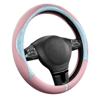 Imagem de PIC AUTO Capa de volante, estampa azul claro e design de retalhos de couro rosa, ajuste universal de 37 a 39 cm, antiderrapante, sem odor, couro de grão macio, acessório de carro durável para meninas
