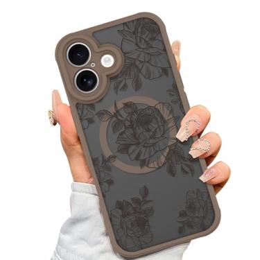 Imagem de AIGOMARA Capa feita para iPhone 17 [compatível com MagSafe] Design de estampa floral de flor marrom para mulheres e meninas, amortecedor de TPU macio, capa rígida de policarbonato rígido, antiqueda, à