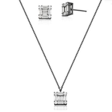 Imagem de Conjunto Brinco E Colar Pingente Quadrado - Tulerry Semijoias E Acessó