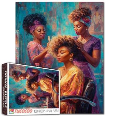 Imagem de Quebra-cabeça de mulher negra nativa da África 1000 peças para adultos salão de beleza pintura quebra-cabeça menina afro fazendo cabelo encaracolado 1000 peças quebra-cabeças jogo decoração de parede