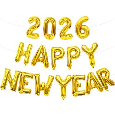 Imagem de Balões dourados de feliz ano novo 2026, balões com número de folha de 40,6 cm, balões de feliz ano novo para decoração de festa de Ano Novo suprimentos