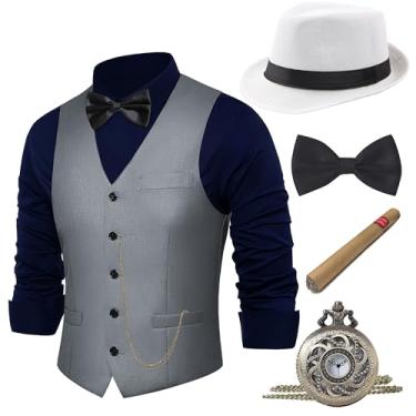 Imagem de BABEYOND Conjunto de acessórios de fantasia masculino Gatsby Gangster da década de 1920, chapéu Fedora, Cinza, XXG