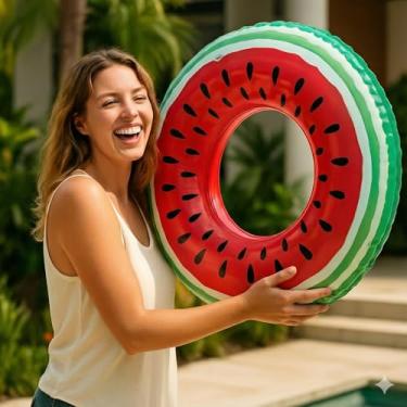 Imagem de Boia Inflável Infantil Circular, Estampa de Melancia, 60cm de Diâmetro, PVC, para Crianças Maiores de 5 Anos, para Piscina, Verão