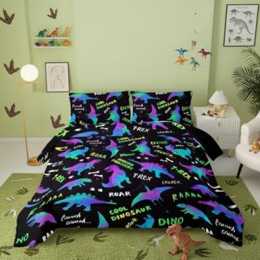 Imagem de QOOMO Jogo de cama solteiro com estampa de dinossauro jurássico, animais de desenho animado preto, adequado para meninas e meninos, preto, para decorar um quarto, 1 edredom com 2 fronhas