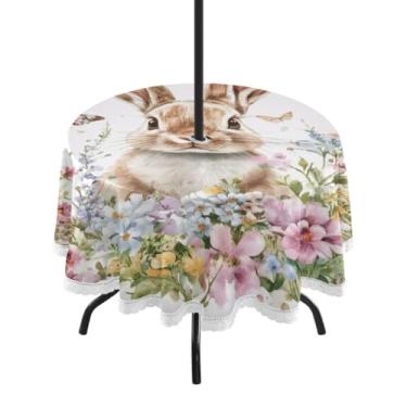 Imagem de Blueangle Toalha de mesa redonda impermeável de 152 cm, coelhinho da Páscoa, com orifício para guarda-chuva - Tecido resistente à prova de sol para todos os climas para pátio, acampamento, piquenique