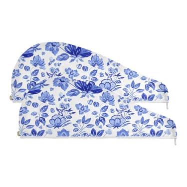 Imagem de SEHANY Bohemia Toalha de cabelo de microfibra flor azul para mulheres 2 peças turbantes de cabelo de secagem rápida com botão, touca de cabelo seco absorvente toalha de secagem de cabelo para cabelos