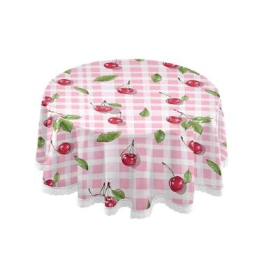 Imagem de SEHANY Toalha de mesa redonda xadrez rosa cereja 152 cm, tecido lavável sem rugas, toalha de mesa redonda com renda decorativa para restaurante, casamento, acampamento, festa Fiesta Cinco de Mayo