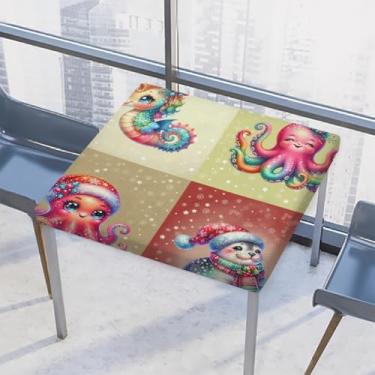 Imagem de hongjinglin Toalha de mesa quadrada para uso externo com borda elástica, toalha de mesa quadrada limpável, boneco de neve, polvo, para decoração de cozinha de 117 x 117 cm