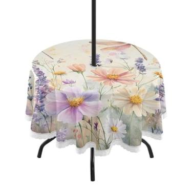 Imagem de ATTX Toalha de mesa redonda Wildflowers ao ar livre – 152 cm, impermeável, à prova de derramamento, uso interno/externo, com orifício para guarda-chuva com zíper para acampamento, piquenique, praia