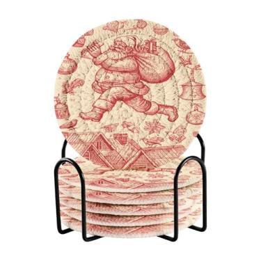 Imagem de GakkiGii Conjunto de 6 porta-copos redondos absorventes de Natal Papai Noel com suporte, porta-copos de tecido para mesa de centro, bar, decoração de cozinha