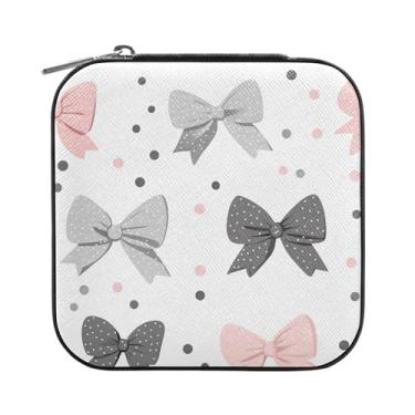 Imagem de SEHANY Caixa de joias personalizada com laço rosa para mulheres, meninas, mini estojo de joias de couro PU, organizador de joias de viagem, caixa de joias para brincos, anéis, colares, presentes para