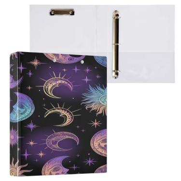 Imagem de Blueangle Fichário de 3 anéis para sol, lua e estrelas, com prancheta e 2 bolsos - organizador de documentos decorativos de 3 cm para escritório, suprimentos para reuniões (194)