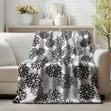 Imagem de Horaldaily Manta de flanela preta cinza prata dália pinnata, outono, floral, macio, felpudo, aconchegante, cobertores de lã para sofá, cama, descanso, presentes ideais para crianças e adultos, 127 x