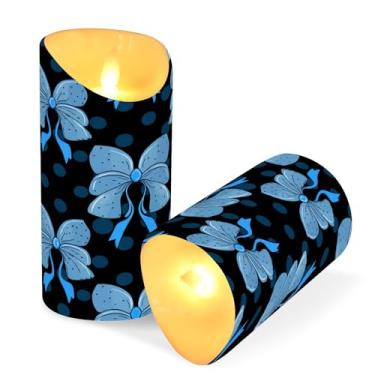 Imagem de Blueangle Pacote com 2 velas sem chama Blue Bows com controle remoto e temporizador, velas LED cintilantes (7,6 cm x 9,9 cm) para decoração de casa, casamento, acampamento (503)