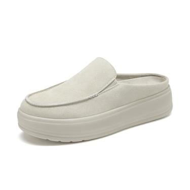 Imagem de Rihero Sapato feminino sem cadarço plataforma confortável espuma viscoelástica leve bico redondo tamancos para trabalho e caminhada, Bege, 37