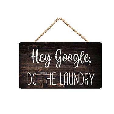 Imagem de Hey Google, Do The Laundry Mini Placa de Bloco de Madeira Pintada à Mão Decoração de Casa Placa de Lavanderia Decoração de Casa de Fazenda Decoração de Destaque 15 x 30 cm