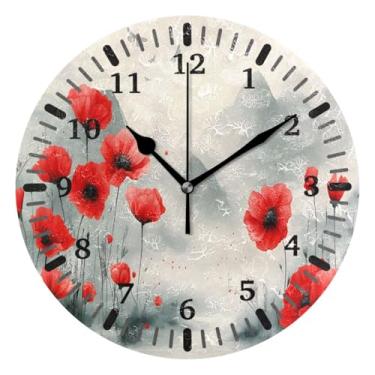 Imagem de CEBUGI 1 relógio de parede de flores silvestres 1 relógio redondo operado por bateria relógios de parede silenciosos sem tique-taque para cozinha, banheiro, quarto, escritório, decoração 25,4 cm