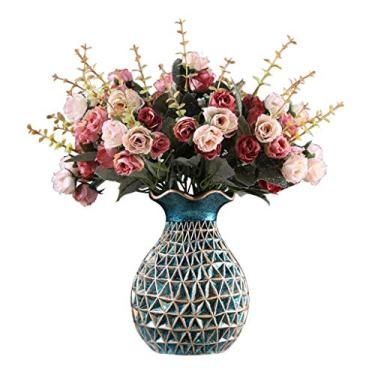 Imagem de LMJYU Vaso de flores artificiais com vaso, 4 buquês de flores falsas com vaso arranjo de flores naturais para casa, jardim, festa, casamento, escritório, decoração de flores artificiais