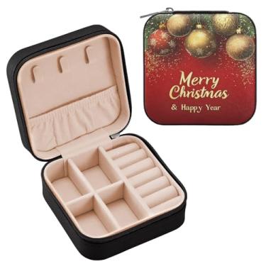 Imagem de Wassud Enfeites de Natal dourados estojo de joias de viagem para mulheres, meninas, senhoras, noiva, mini organizador de joias de couro PU, caixa quadrada de armazenamento de joias para brincos, anéis