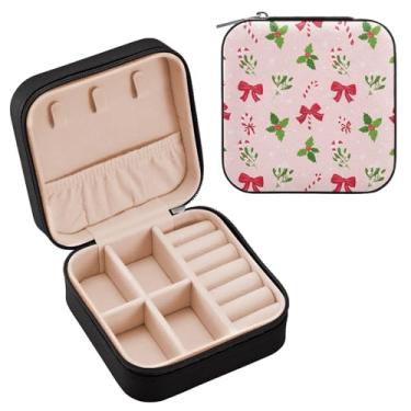 Imagem de Wassud Estojo de joias de viagem com laços de folhas de azevinho para mulheres, meninas, senhoras, noiva, mini organizador de joias de couro PU, caixa quadrada de armazenamento de joias para brincos