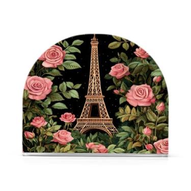 Imagem de xigua Porta-guardanapos romântico da torre Eiffel rosa para mesas, elegante suporte de guardanapo de papel de placa acrílica, dispensador de papel de seda independente moderno para sala de jantar