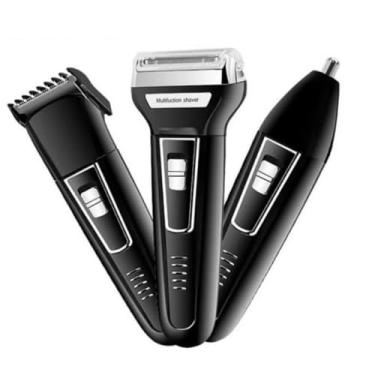 Imagem de Aparador de Pelos e Barbeador Elétrico 3 em 1 KM-6333, Recarregável Bivolt, Preto, com Cabeças Intercambiáveis para Cabelo, Barba e Nariz