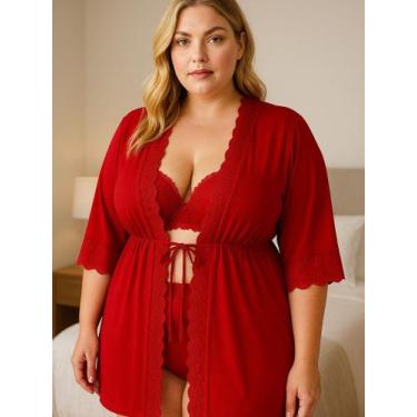 Imagem de Hobby Plus Size Feminino Roupão Tule detalhe Renda Luxo - c5 IZA, Verm